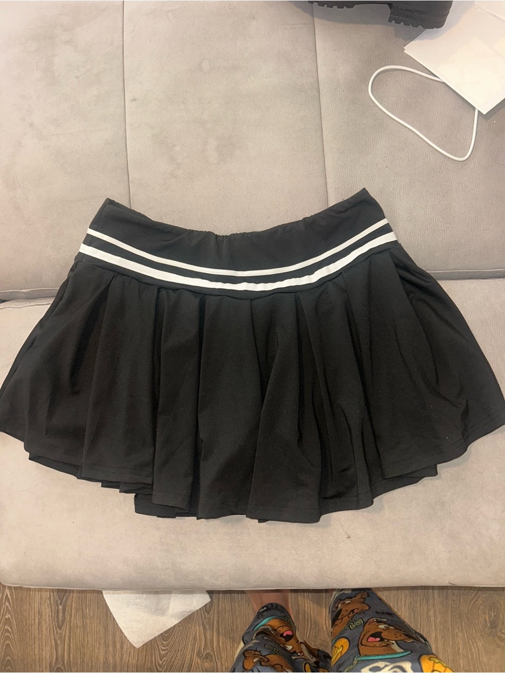 Large size stretchable Black Circle skort with White Double Stripe Waistband